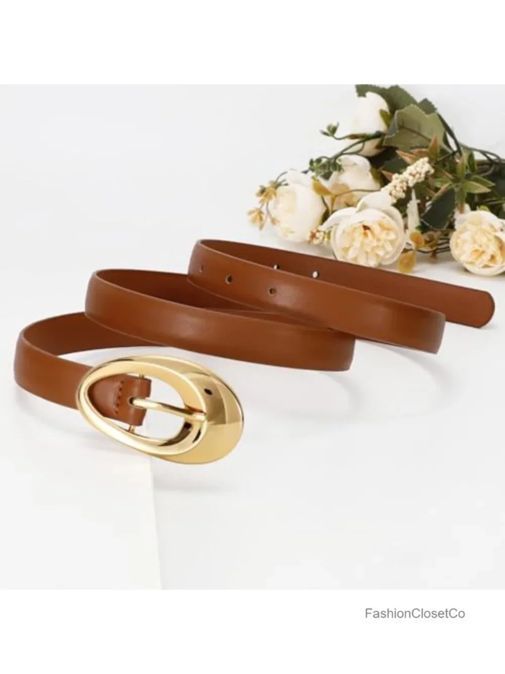 Faux Leather Belt with Gold Oval Buckle for Women Thin Waist